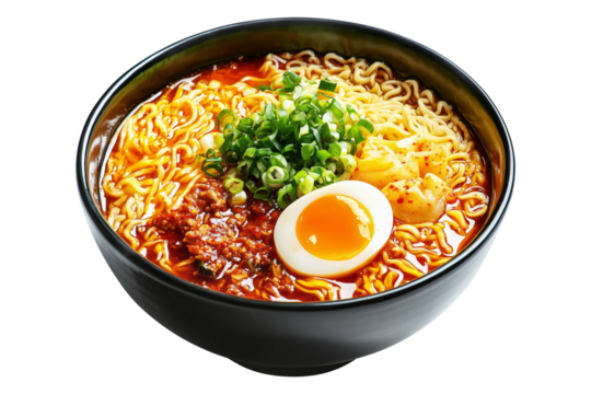 Delicious Korean ramen with boiled eggs, grilled pork, green onions, and seaweed in black bowl isolated on white transparent background, concept of cuisine