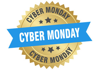 cyber monday. cyber monday round blue and gold label isolated on transparent background