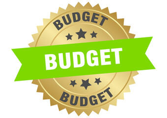 budget. budget round green and gold label isolated on transparent background