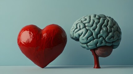 3d illustration of a red human heart and brain model side by side representing the balance between emotion and logic, symbolizing mental health, decision making, and the connection between feelings an