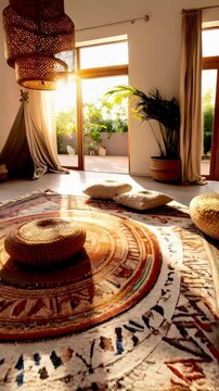 Bright bohemian living room interior with sunlight streaming through open doors and windows, featuring a patterned rug and cozy decor.