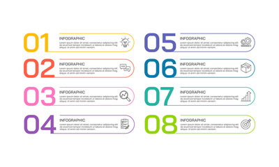 Infographic banner with 8 colorful numbers to choose from or select steps. Brochure, Banner, Presentation and Plan. Vector illustration.