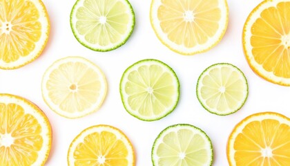 Slices of citrus fruits arranged neatly on a white background