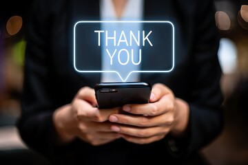 Glowing thank you message appears above a smartphone held by a person in a dark setting