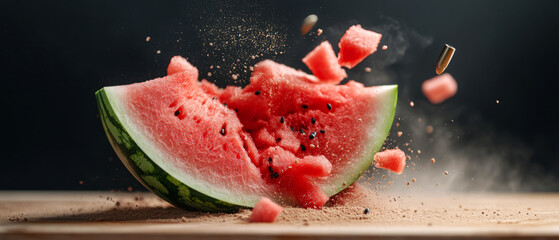 Explosive Watermelon Fragmentation with Bright Red Flesh and Seeds on Wooden Surface