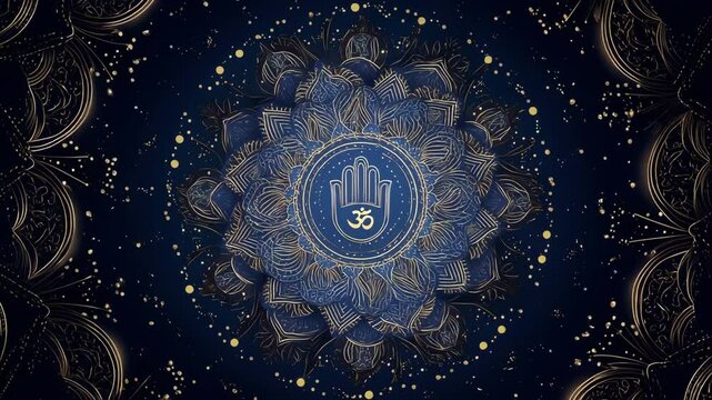 Elegant Hamsa hand symbol with Om at the center of a radiant lotus mandala, surrounded by twinkling particles. Ideal for sacred loop animations.


