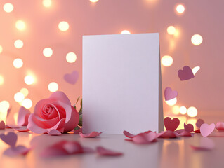 Blank card stands surrounded by pink rose and heart shaped confetti, set against backdrop of warm, glowing bokeh lights, creating romantic and dreamy atmosphere