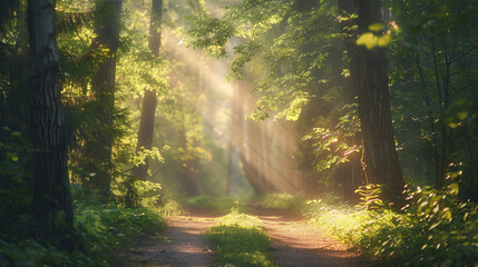 Obraz premium Sunlit forest path with golden rays through trees, a serene nature escape ﻿