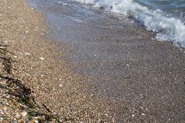 Close-up of gentle sea wave rolling on sandy shore. Sparkling sea water and foam on shore at sunset