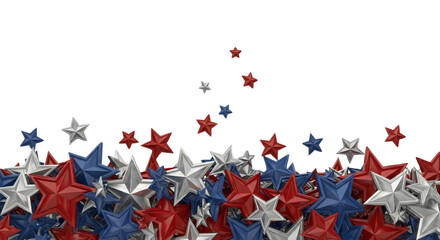 Vibrant red, blue, and silver metallic stars forming a dynamic border, perfect for Fourth of July, patriotic celebrations, awards, or festive marketing materials,