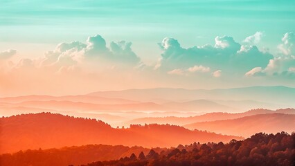 Naklejka premium Serene sunset over rolling hills and misty mountains