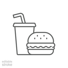Burger and Drink Icon Outline Style Thin Line Editable Stroke Symbol for Fast Food Restaurant or Takeaway Menu