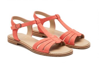 Coral suede t strap sandals isolated on white background
