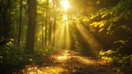 Obraz premium Sunlit forest path with golden rays through trees, a serene nature escape ﻿