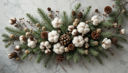 Winter's embrace a delicate composition of Cotton Blossoms, Evergreen boughs, and Pine Cones Resting on a cool Marble surface