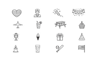 Line-style icons showing symbols of American pride and celebrations such as flags, food, and festivities. Perfect for representing national holidays, celebrations, and patriotic-themed events.


