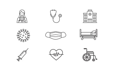 Set of healthcare line art icons depicting medical themes such as doctor, hospital, tools, and patient care. Suitable for illustrating medical concepts in a clean and minimal design style.

