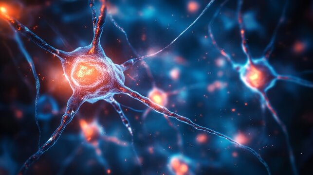 Microscopic view of glowing nerve cells on dark blue background featuring detailed neurons and synapses for scientific, medical, and biological visualization concepts in high-resolution abstract illus