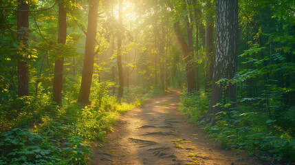 Obraz premium Sunlit forest path with golden rays through trees, a serene nature escape ﻿