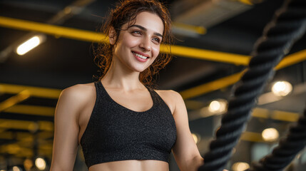 An Indian woman athlete exercises with battle ropes in a gym.