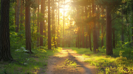 Obraz premium Sunlit forest path with golden rays through trees, a serene nature escape ﻿