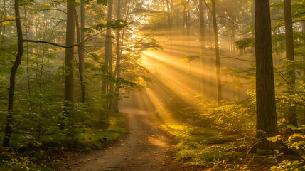 Fototapeta premium Sunlit forest path with golden rays through trees, a serene nature escape ﻿