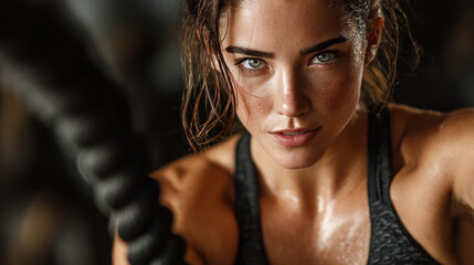 A brunette woman athlete exercises with battle ropes in a gym.