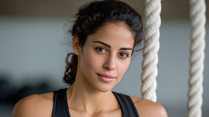 An Arabian woman athlete exercises with battle ropes in a gym.