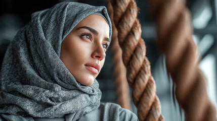 An Arabian woman athlete exercises with battle ropes in a gym.