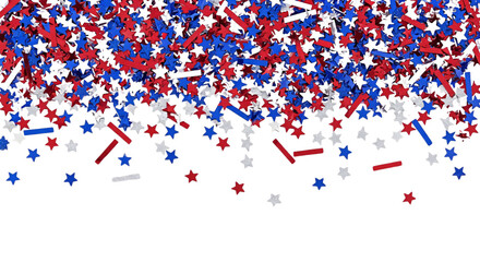 Patriotic red, blue, and white star confetti falling, perfect for 4th of July, Memorial Day, Veterans Day, election campaigns, or national celebration backgrounds.