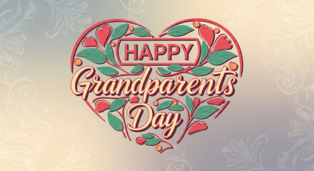 Happy Grandparents Day Greeting Card with Heart Shape Text in Floral Ornament on Gradient Background