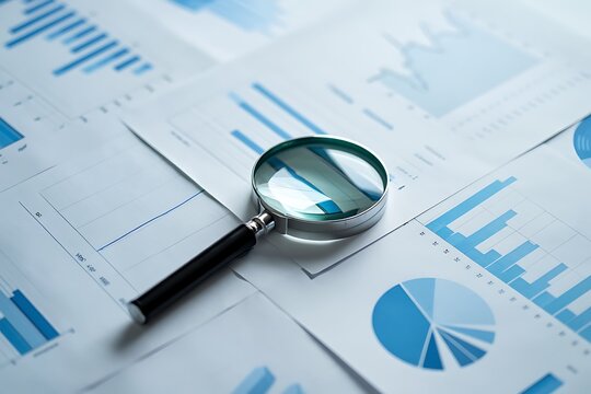 A magnifying glass examines detailed financial charts and graphs