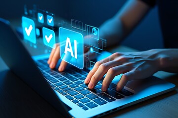 Hands interact with ai interface on laptop