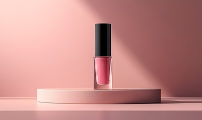 Nail polish bottle mockup on podium with soft pink background

