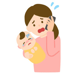 体調不良の赤ちゃんを心配して電話するお母さん