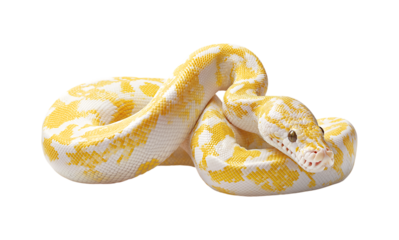 A white and yellow ball python isolated on a transparent background