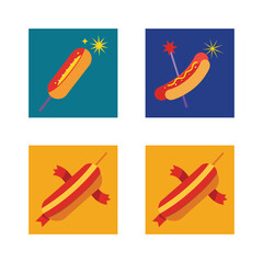 Naklejka premium Vector illustrations of stylized hot dogs and corn dogs in vibrant square compositions.