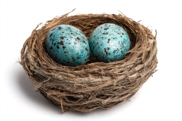 Obraz premium Two teal speckled eggs in a nest