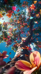 Colorful trees flowers and butterflies outdoor landscape illustration poster background