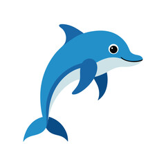 Cheerful blue dolphin cartoon illustration on white background for childrens designs