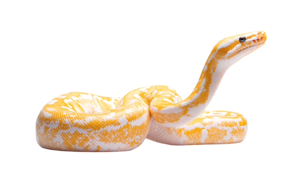 A white and yellow ball python isolated on a transparent background