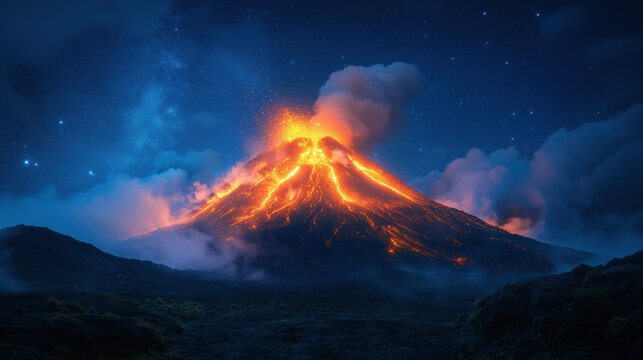 a majestic volcano erupting with bright orange lava and ash plumes under a starry night sky, capturing raw natural power