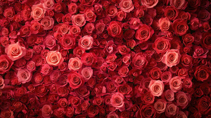 Vibrant display of red and pink roses creates romantic and lush floral background, perfect for celebrations or romantic settings. rich colors and textures evoke feelings of love and passion