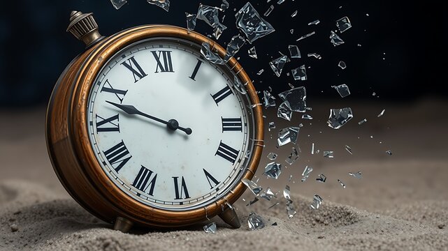 Antique Brass Clock Shattering Glass Fragments Exploding Time Sand Background antique clock shattered clock