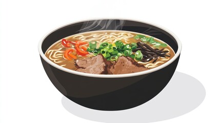 Delicious steaming bowl of ramen noodles, a flavorful Japanese soup with tender beef, fresh vegetables, and aromatic broth.