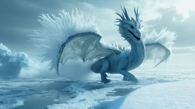 A white dragon standing on a cloudscape with wings and spikes in a fantasy setting outdoors video