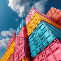 Colorful shipping containers stacked high against a vibrant sky (1)