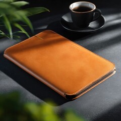 Tan leather case, coffee, plant