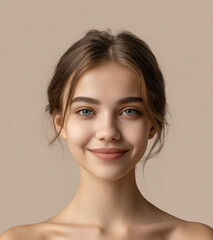 A frontal portrait of a confident happy beautiful caucasian woman 