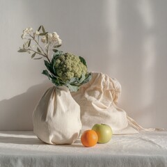 Cream-colored reusable shopping bags with fruits & flowers